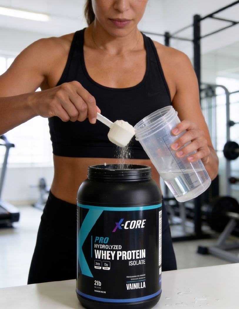 Mujer en el gimnasio preparando un batido de X-CORE PRO Whey Protein Isolate